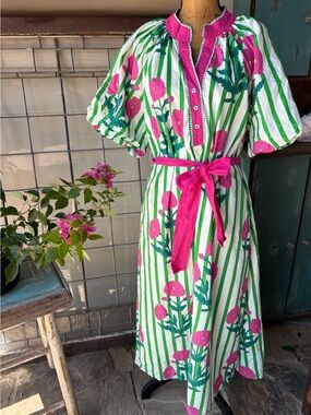 Umgee Pink & Green Floral-Striped Midi Dress 5 Star Reviews Fan Favorite NEW!